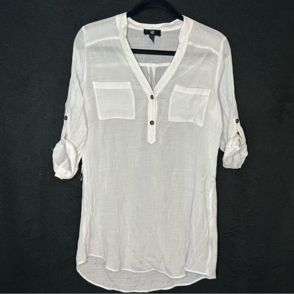 Women's M White Sheer Mesh V-neck Double Breasted Pocket 3/4 Sleeve Top-IZ Byer - Picture 3 of 7